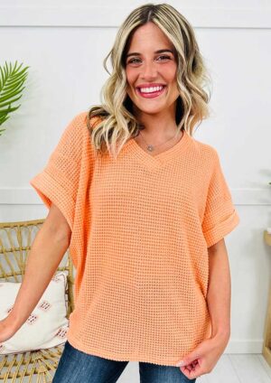 Sarinda Waffle V Neck Short Sleeve Orange Top