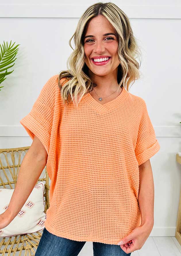 Sarinda Waffle V Neck Short Sleeve Orange Top