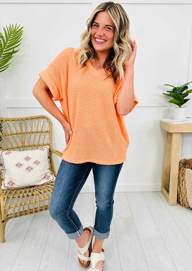 Sarinda Waffle V Neck Short Sleeve Orange Top - Image 3