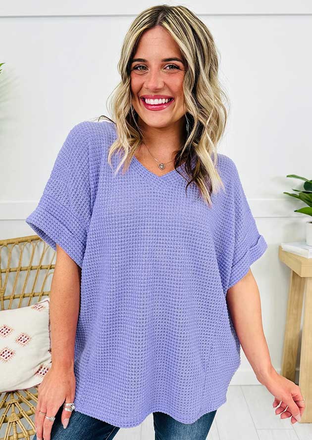 Sarinda Waffle V Neck Short Sleeve Purple Top