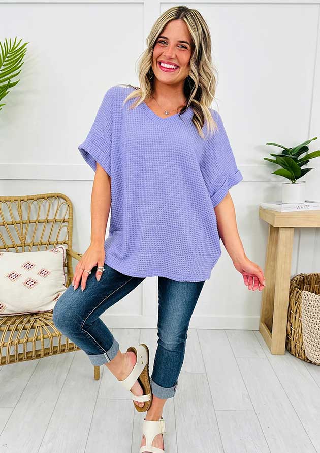 Sarinda Waffle V Neck Short Sleeve Purple Top - Image 3