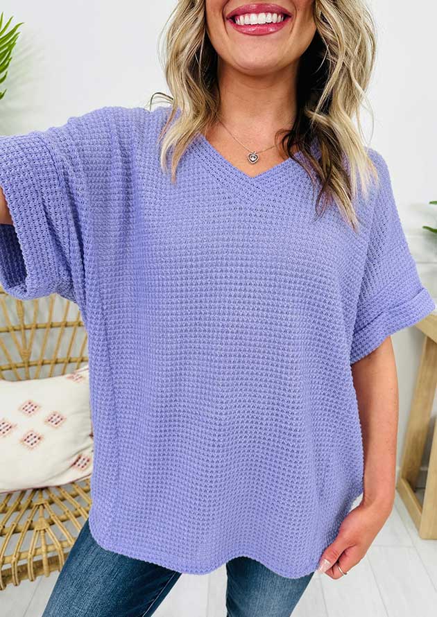 Sarinda Waffle V Neck Short Sleeve Purple Top - Image 2