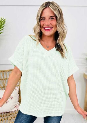 Sarinda Waffle V Neck Short Sleeve Aqua Top