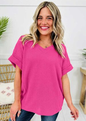 Sarinda Waffle V Neck Short Sleeve Pink Top