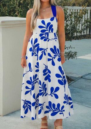 Seringa Floral Crisscross Tie Back Sleeveless Blue Maxi Dress