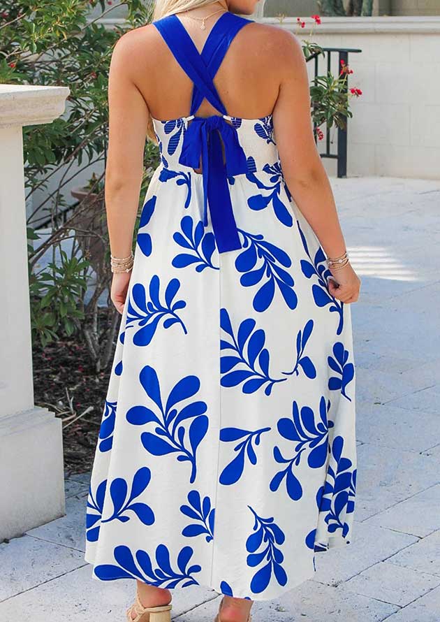 Seringa Floral Crisscross Tie Back Sleeveless Blue Maxi Dress - Image 3