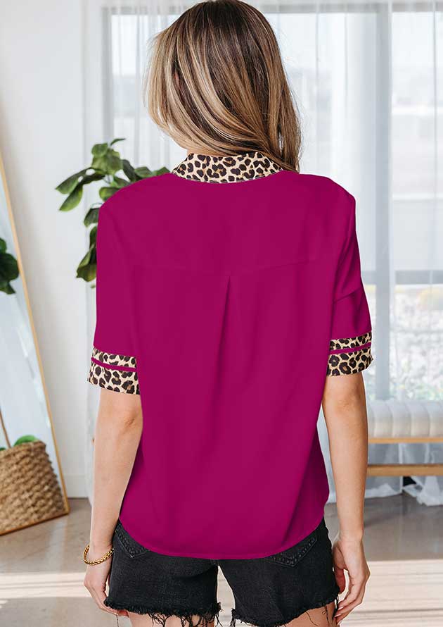 Sherwood Leopard Trim Split Neck Short Sleeve Burgundy Blouse - Image 3