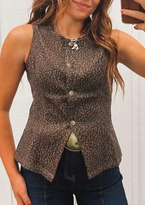 Sigorei Leopard Print Slim Brown Denim Vest