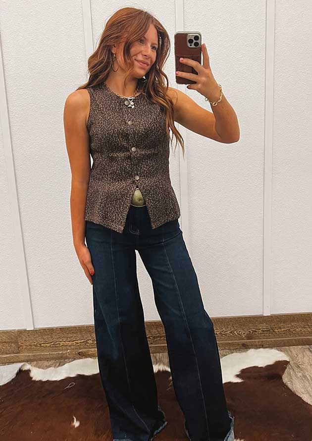 Sigorei Leopard Print Slim Brown Denim Vest - Image 4
