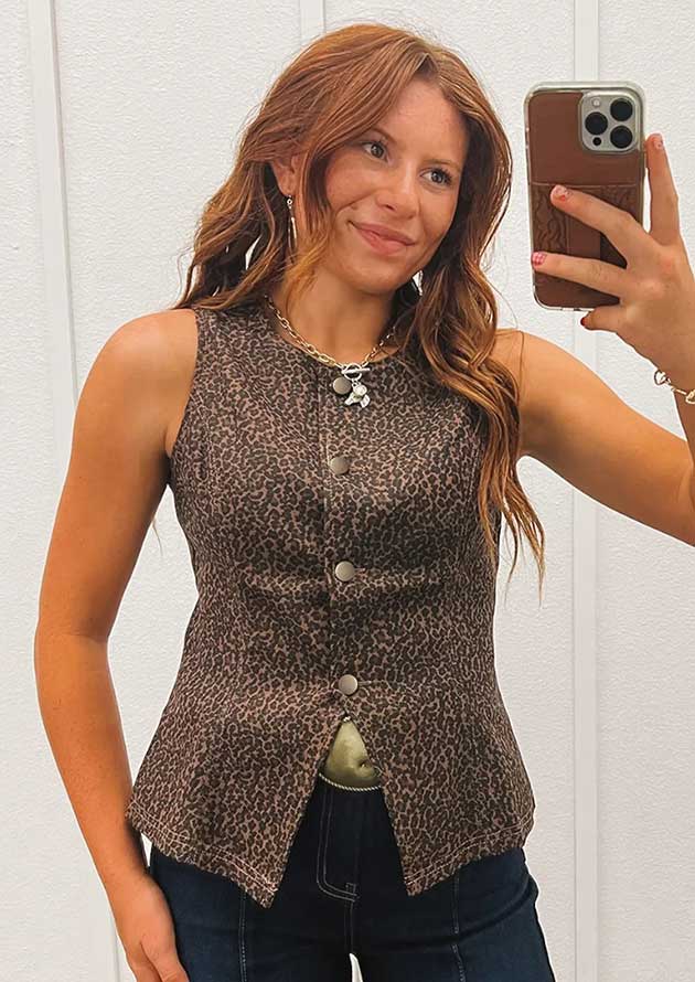 Sigorei Leopard Print Slim Brown Denim Vest - Image 3