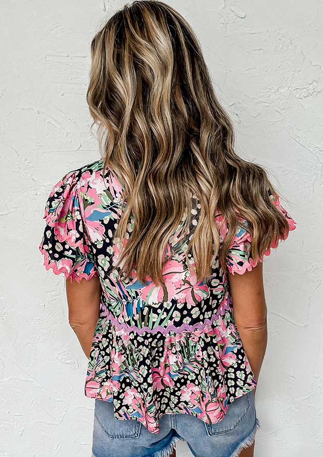 Skylark Floral Ricrac Tiered Short Sleeve Blouse - Image 2