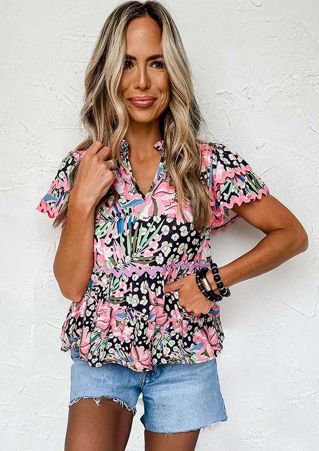 Skylark Floral Ricrac Tiered Short Sleeve Blouse - Image 3