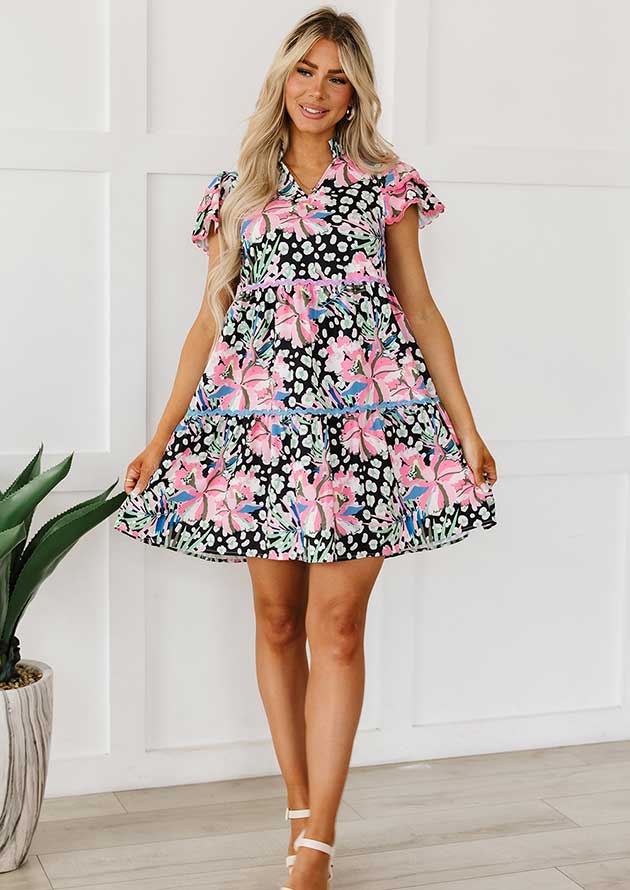 Sparrow Floral Ricrac Embellished Tiered Short Dress - Image 3