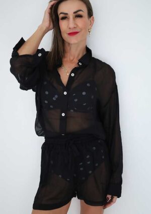 Tahiti Sheer Tunic Shirt Drawstring Short Black Cover-Up Set