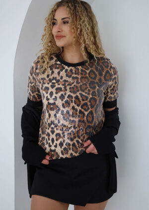 Thornveld Sequin Short Sleeve Leopard Top