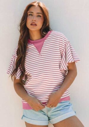 Zephirine Stripe Contrast Striped Ruffle Short Sleeve Pink Top