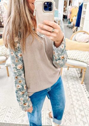 Aniva Floral Twist Ribbed Contrast Long Sleeve Beige Top