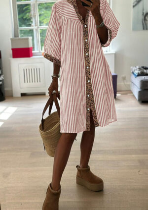 Argan Stripe Button Bracelet Sleeve Pink Leopard Short Dress