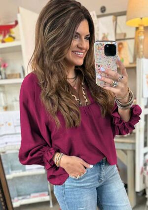 Armada Leopard Trim V Neck Flounce Sleeve Violet Blouse