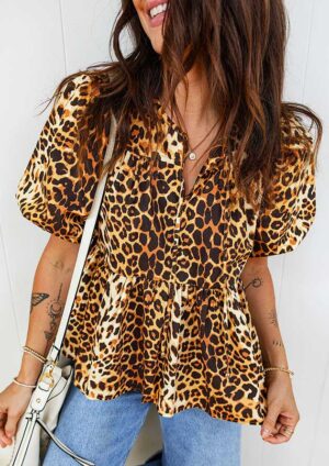 Azora Puff Sleeve Slit Neck Babydoll Leopard Blouse