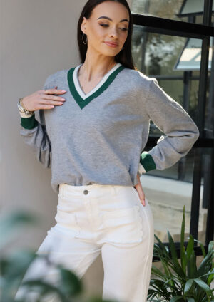 Canada Contrast Striped Trim V Neck Varsity Gray Sweater