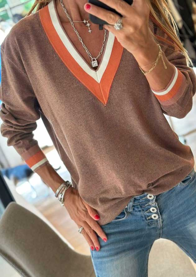 Canada Contrast Striped Trim V Neck Varsity Khaki Sweater - Image 3