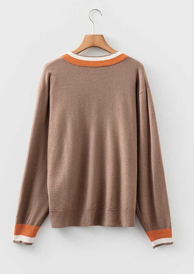 Canada Contrast Striped Trim V Neck Varsity Khaki Sweater - Image 2
