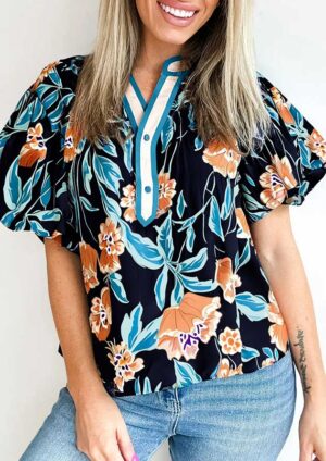Canvas Floral Bubble Sleeve Buttoned Black Neck