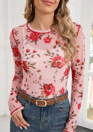 De Roca Floral Exposed Seam Mesh Long Sleeve Pink Top