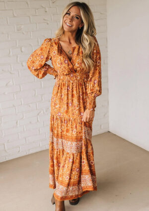 Dewberry Floral Smocked Waist Long Sleeve Maxi Dress