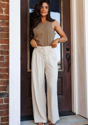 Domie Drawstring Button Pleated Detail Wide Leg Pants