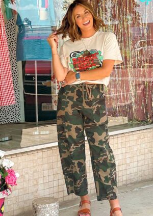 Faraday Camouflage Print Drawstring Patch Pocket Barrel Jeans