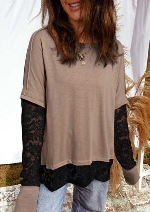 Finland Sheer Lace Long Sleeve Brown Top