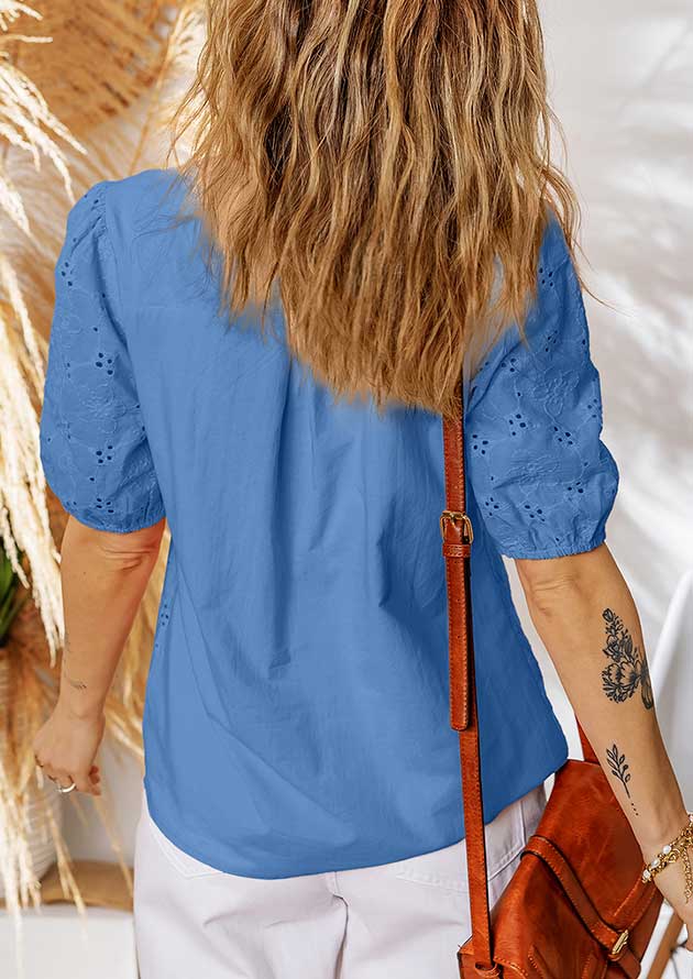Halley Lace Crochet V Neck Embroidery Button Blue Blouse - Image 2