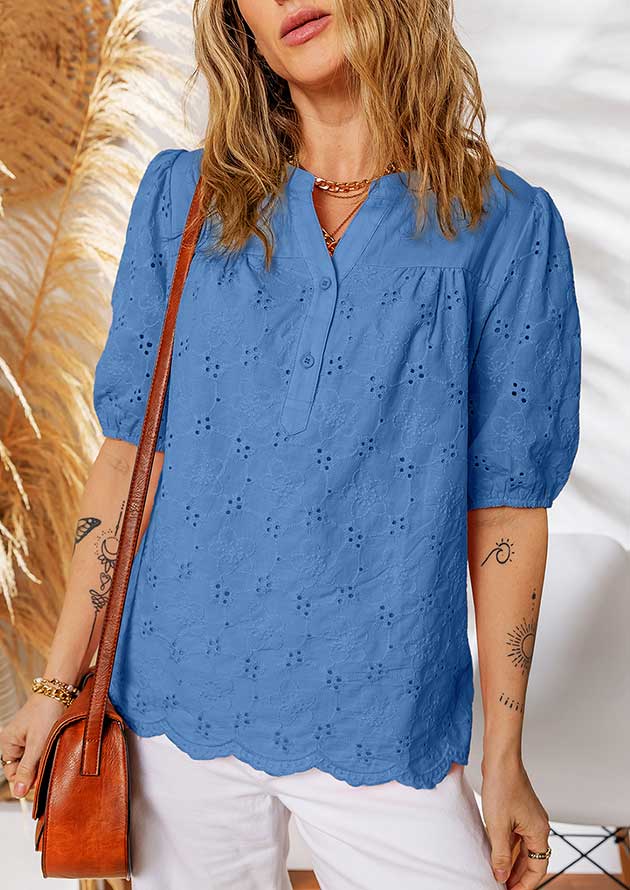 Halley Lace Crochet V Neck Embroidery Button Blue Blouse - Image 3