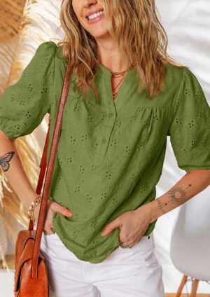 Halley Lace Crochet V Neck Embroidery Button Green Blouse