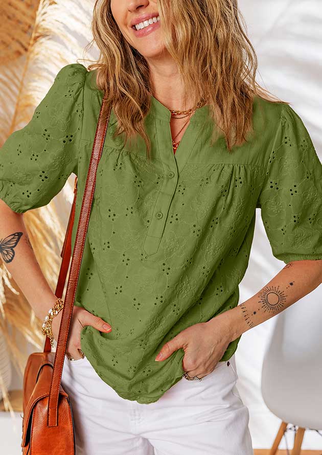 Halley Lace Crochet V Neck Embroidery Button Green Blouse
