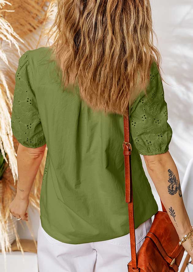 Halley Lace Crochet V Neck Embroidery Button Green Blouse - Image 2