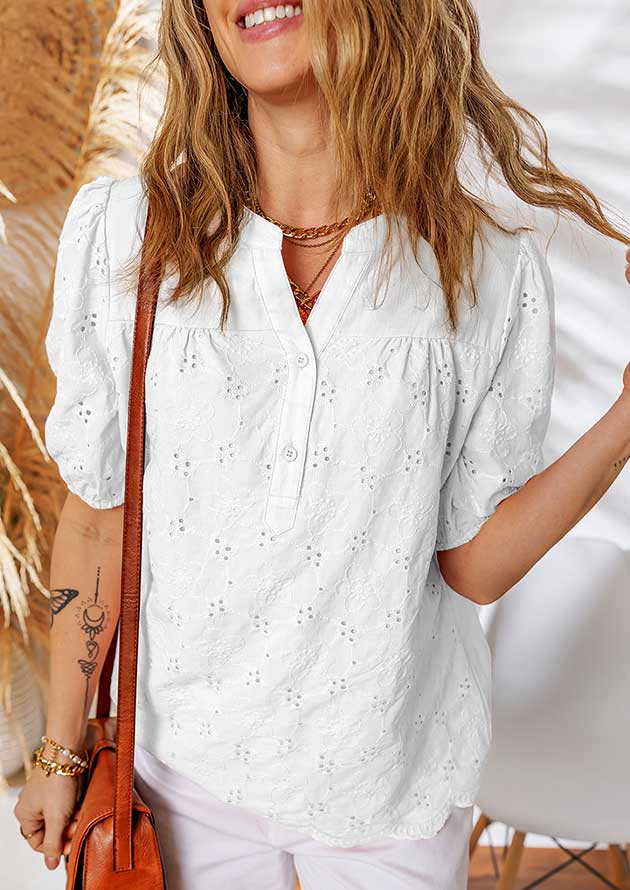 Halley Lace Crochet V Neck Embroidery Button White Blouse - Image 3