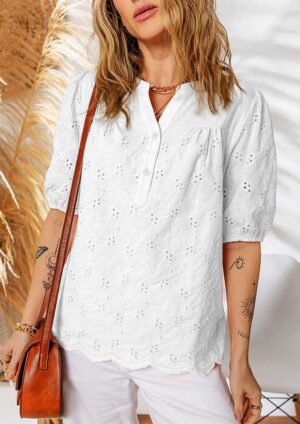 Halley Lace Crochet V Neck Embroidery Button White Blouse