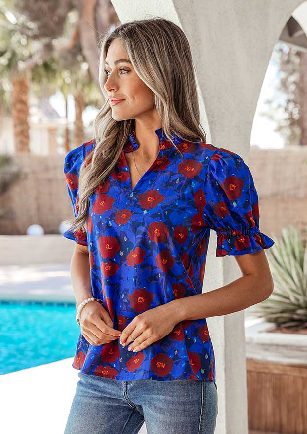 Johanna Balloon Sleeve Frilled V Neck Floral Blouse - Image 2