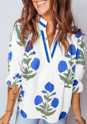 Keegan Wild Flower V Neck Blue Blouse