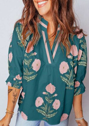 Keegan Wild Flower V Neck Green Blouse