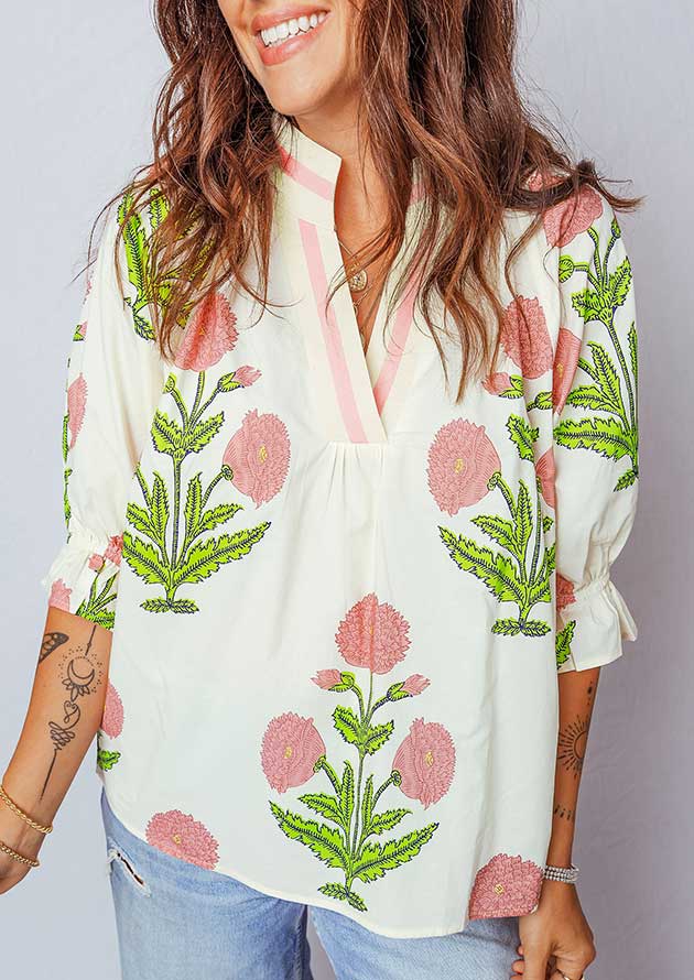 Keegan Wild Flower V Neck Pink Blouse - Image 2