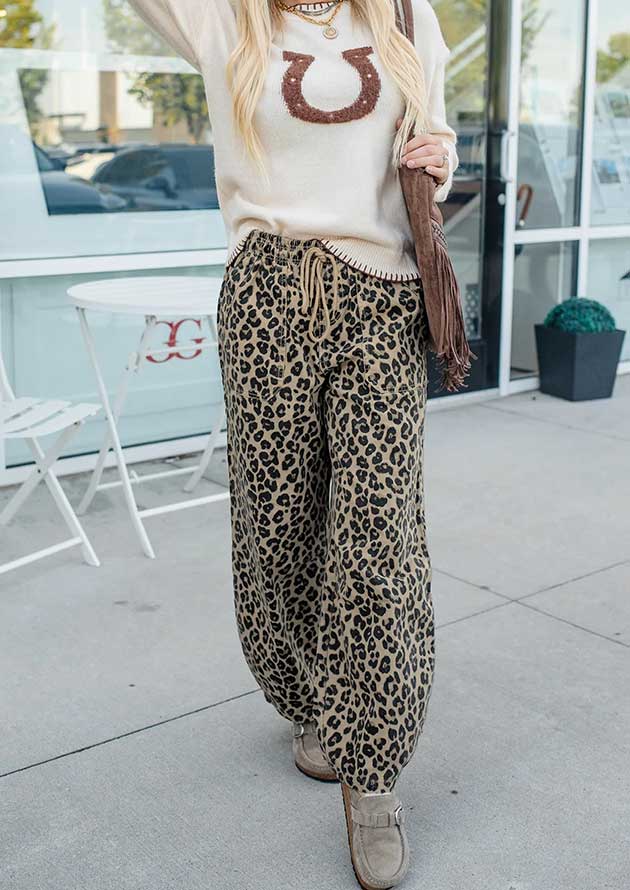 Kelvin Drawstring Elastic Waist Loose Leopard Denim Pants - Image 4