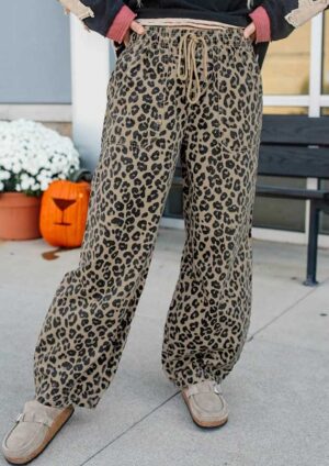 Kelvin Drawstring Elastic Waist Loose Leopard Denim Pants