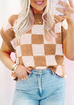 Lambay Plaid Ribbed Trim Beige Sweater