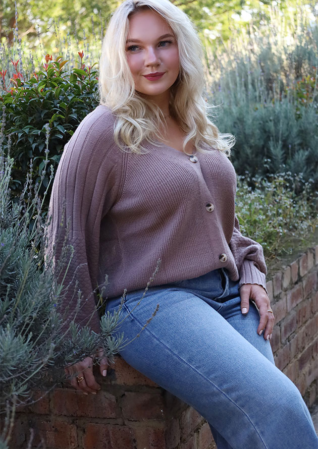 Lantana Texture Knit Button V Neck Beige Sweater - Image 4
