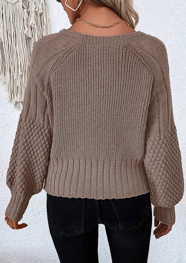 Lantana Texture Knit Button V Neck Beige Sweater - Image 3