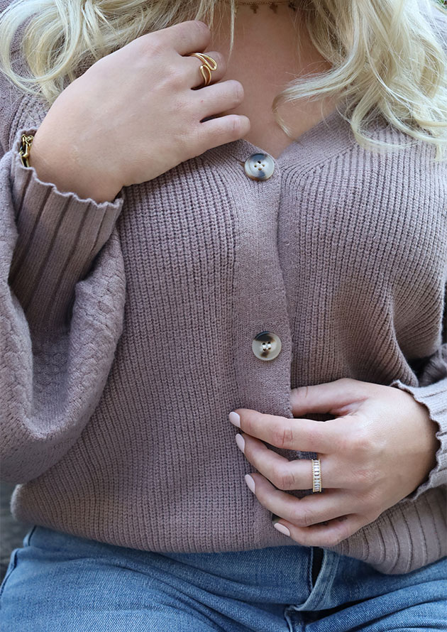 Lantana Texture Knit Button V Neck Beige Sweater - Image 5